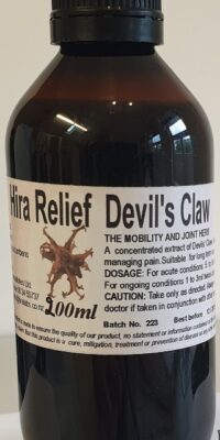 An amber bottle contains 200ml of Devil's Claw
