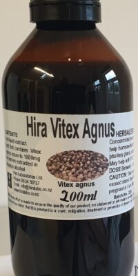 An amber bottle contains 200ml of Vitex agnus extract